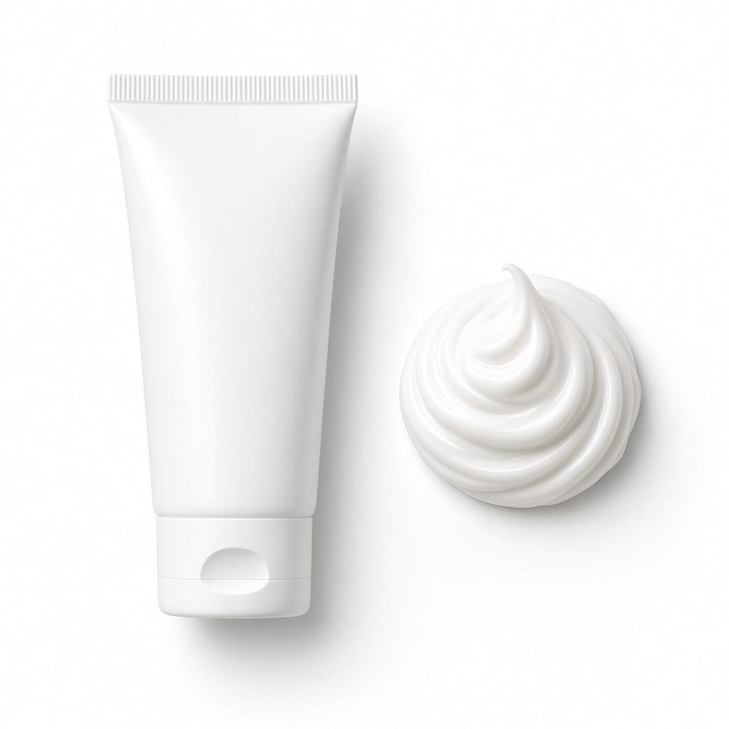 Bisnaga branca de creme, sem rótulo, ao lado de uma porção de creme.
