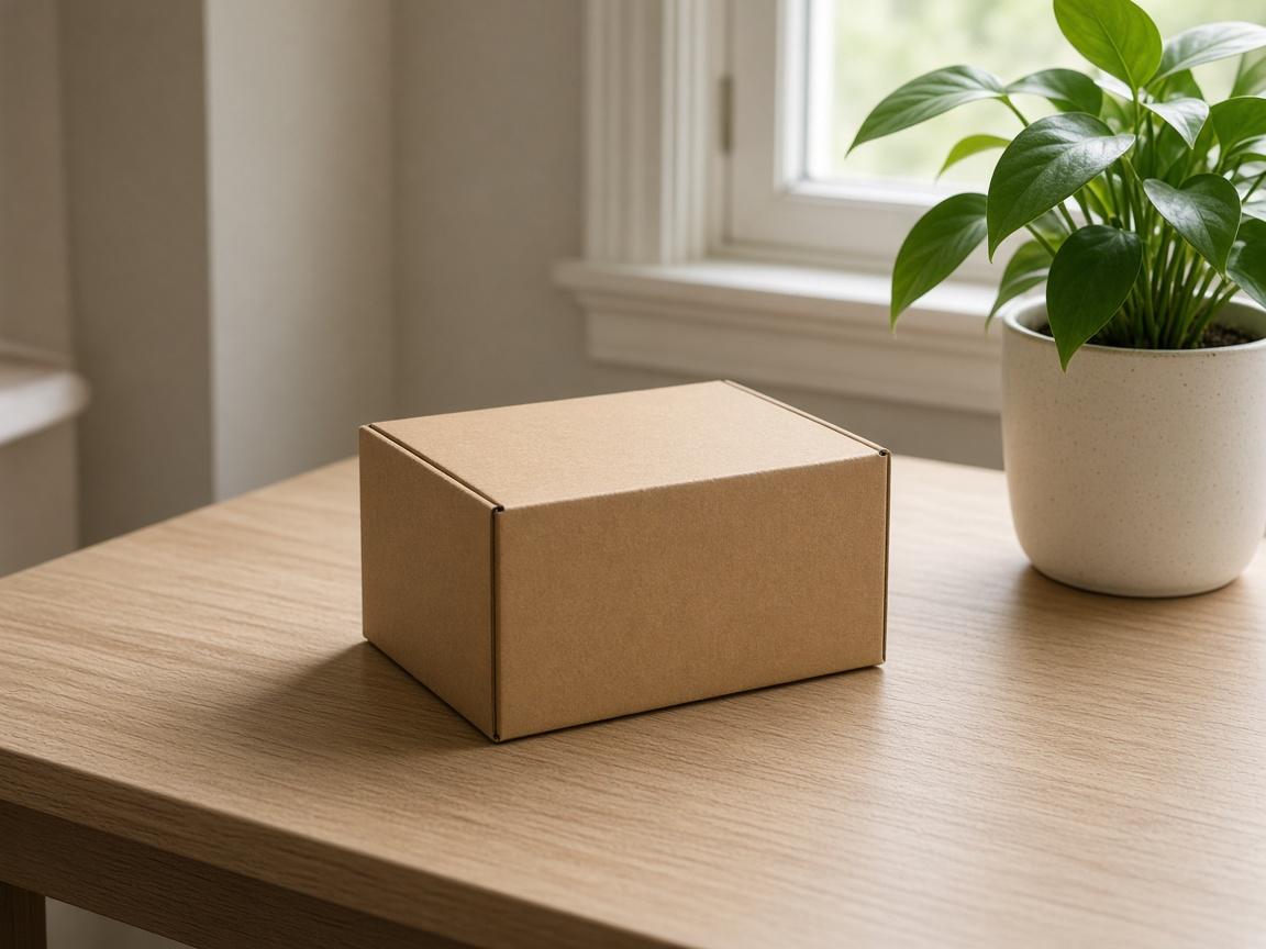 Caixa de papelão sem marca sobre uma mesa, ao lado de uma planta.