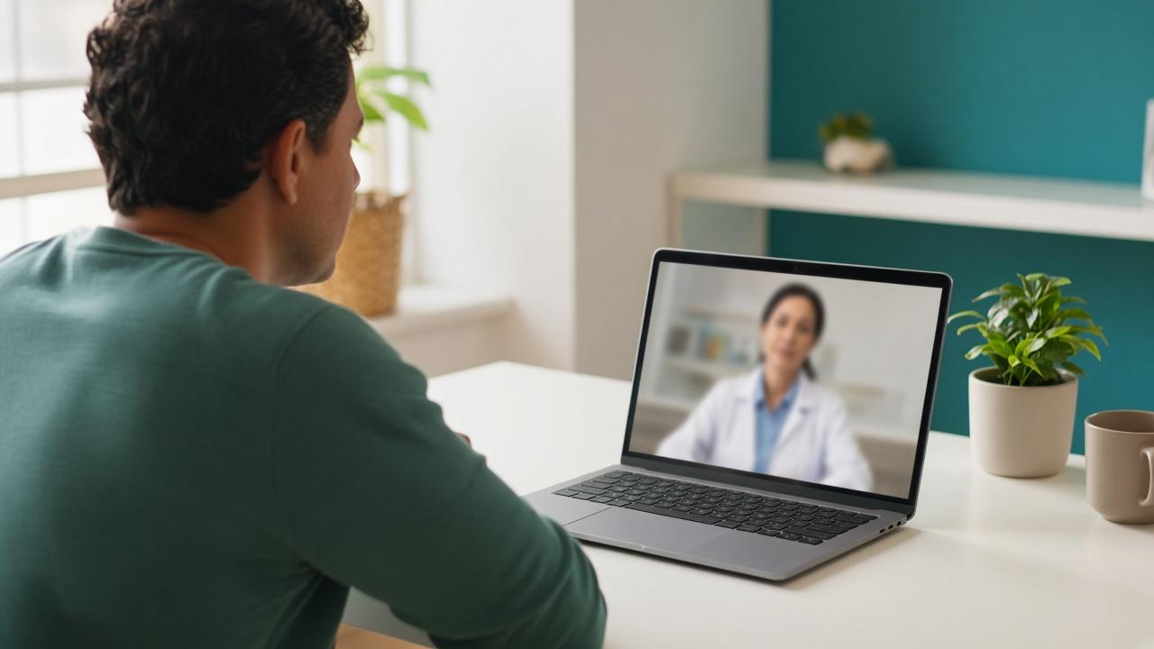 Paciente em teleconsulta com profissional de saúde, em ambiente claro, sem produto à mostra.