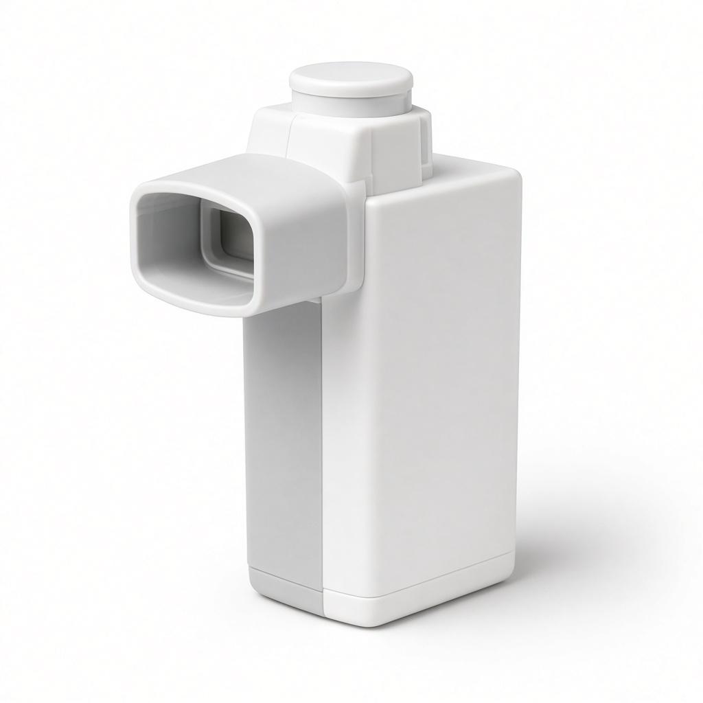 Dispositivo inalatório médico branco, sem rótulo e sem vapor.
