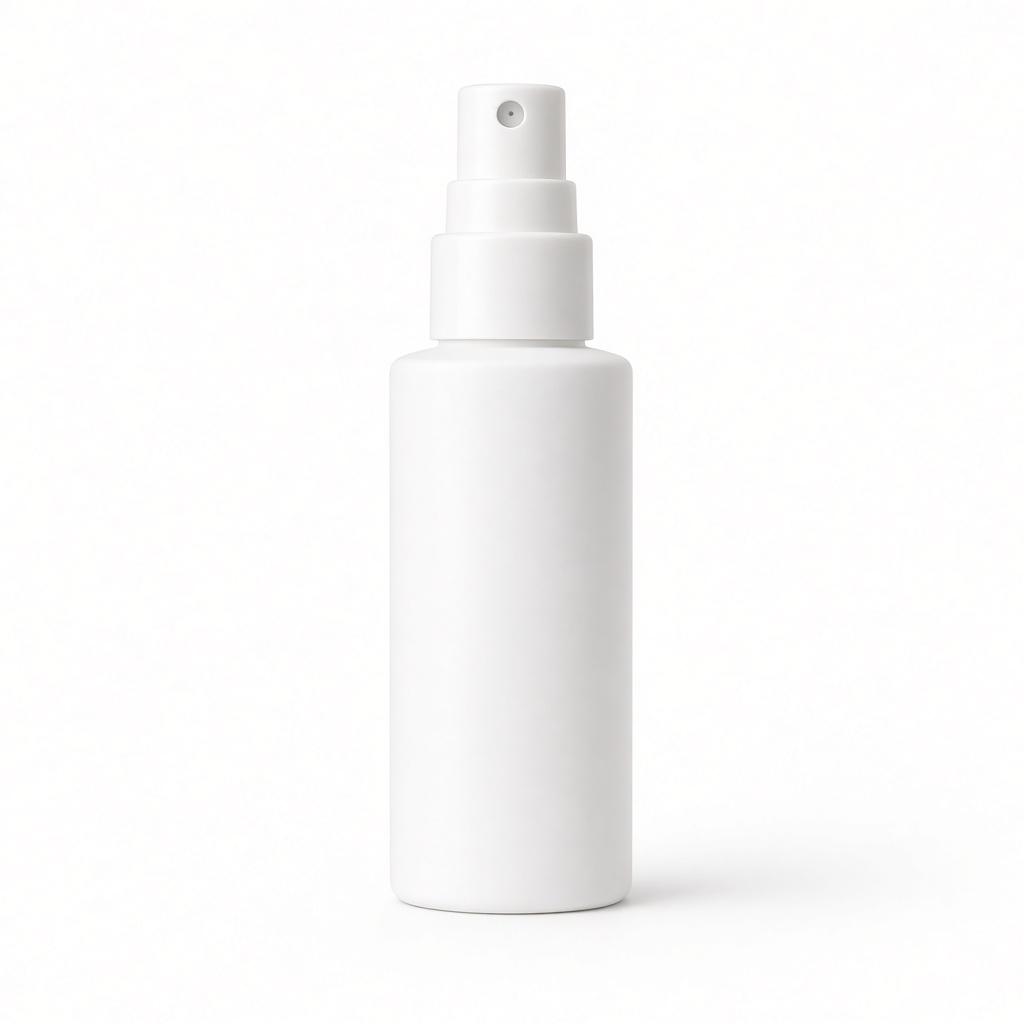 Frasco branco de spray oral, sem rótulo.