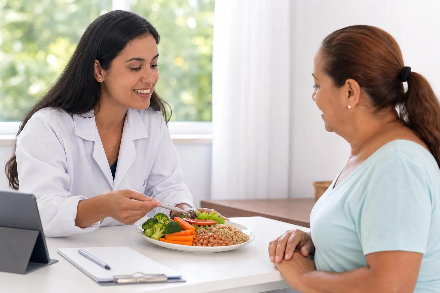 Consulta de nutrição com refeição saudável para controle de diabetes