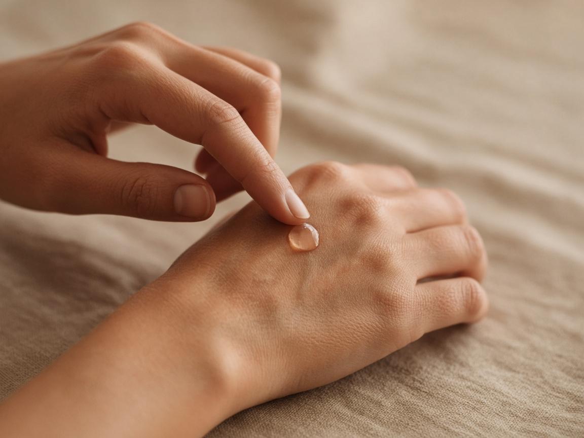 Mãos espalhando uma gota de sérum. Foto ilustrativa.