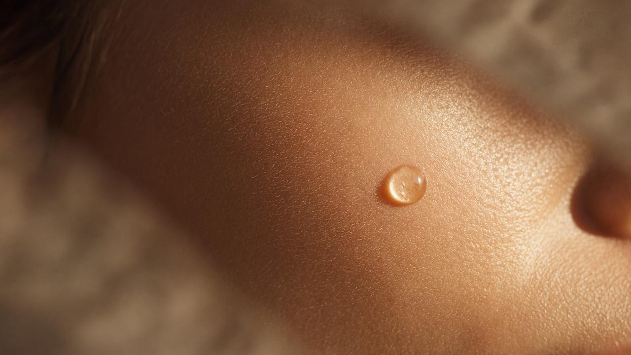Gota de sérum sobre a pele, em luz natural. Foto ilustrativa.