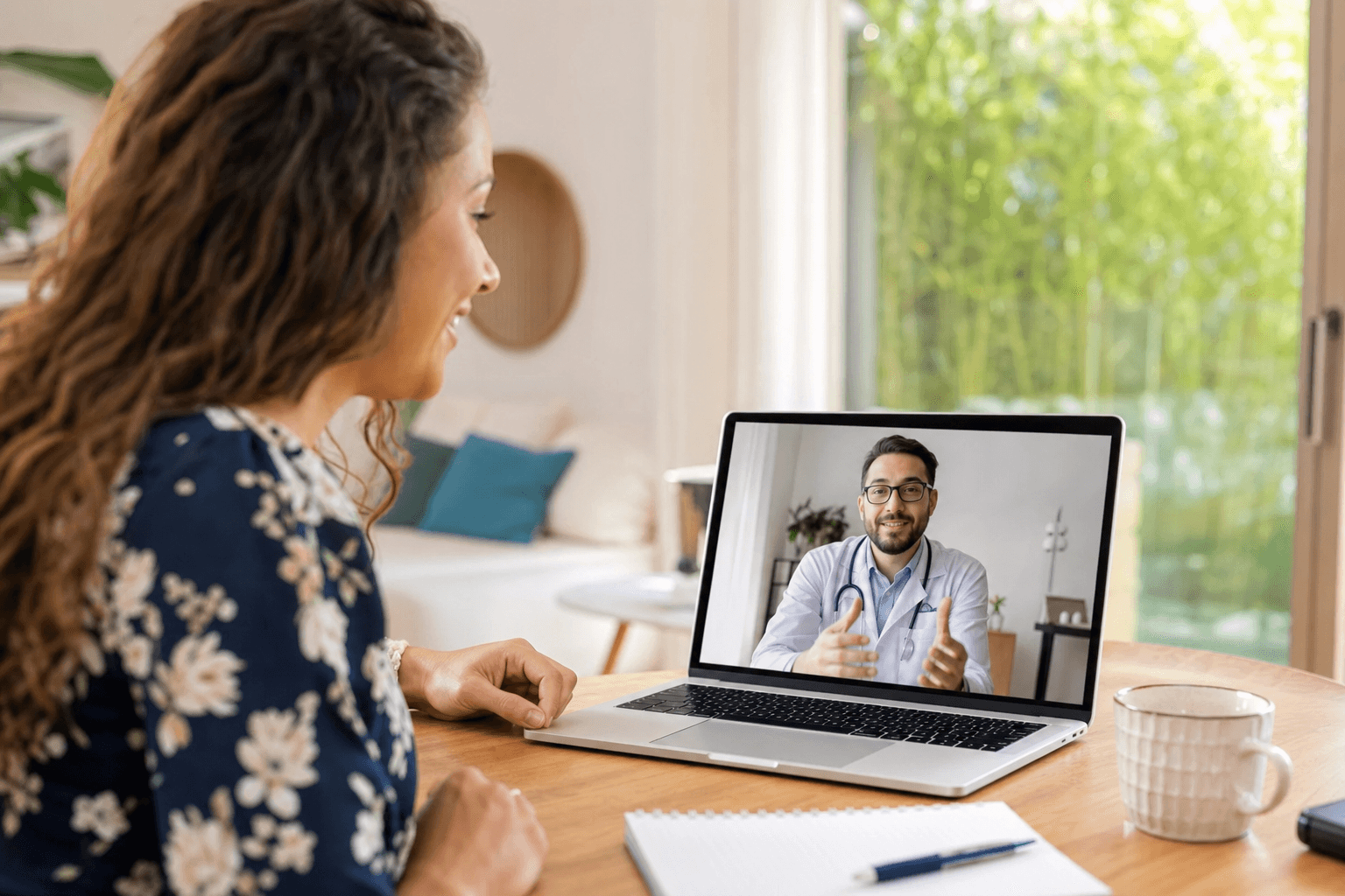 Paciente em casa, em consulta por vídeo com médico de jaleco.