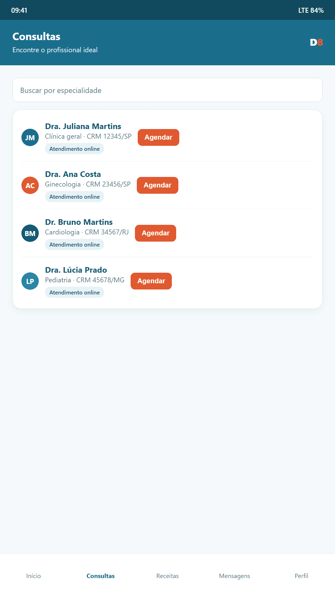 Lista de consultas no celular, com horário e profissional.