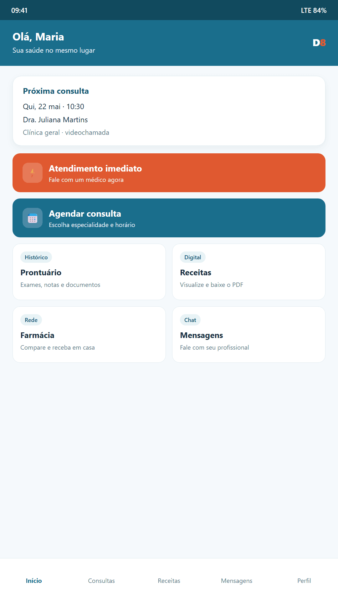 Tela inicial do consultório digital no celular, com a próxima consulta à vista.